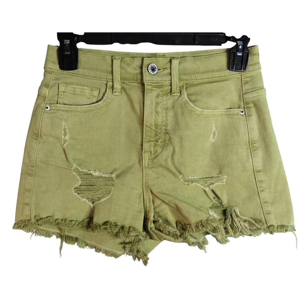 SNEAK PEEK Light Army Green Denim Shorts DESTROYED CUT-OFF Stretch High-Rise S